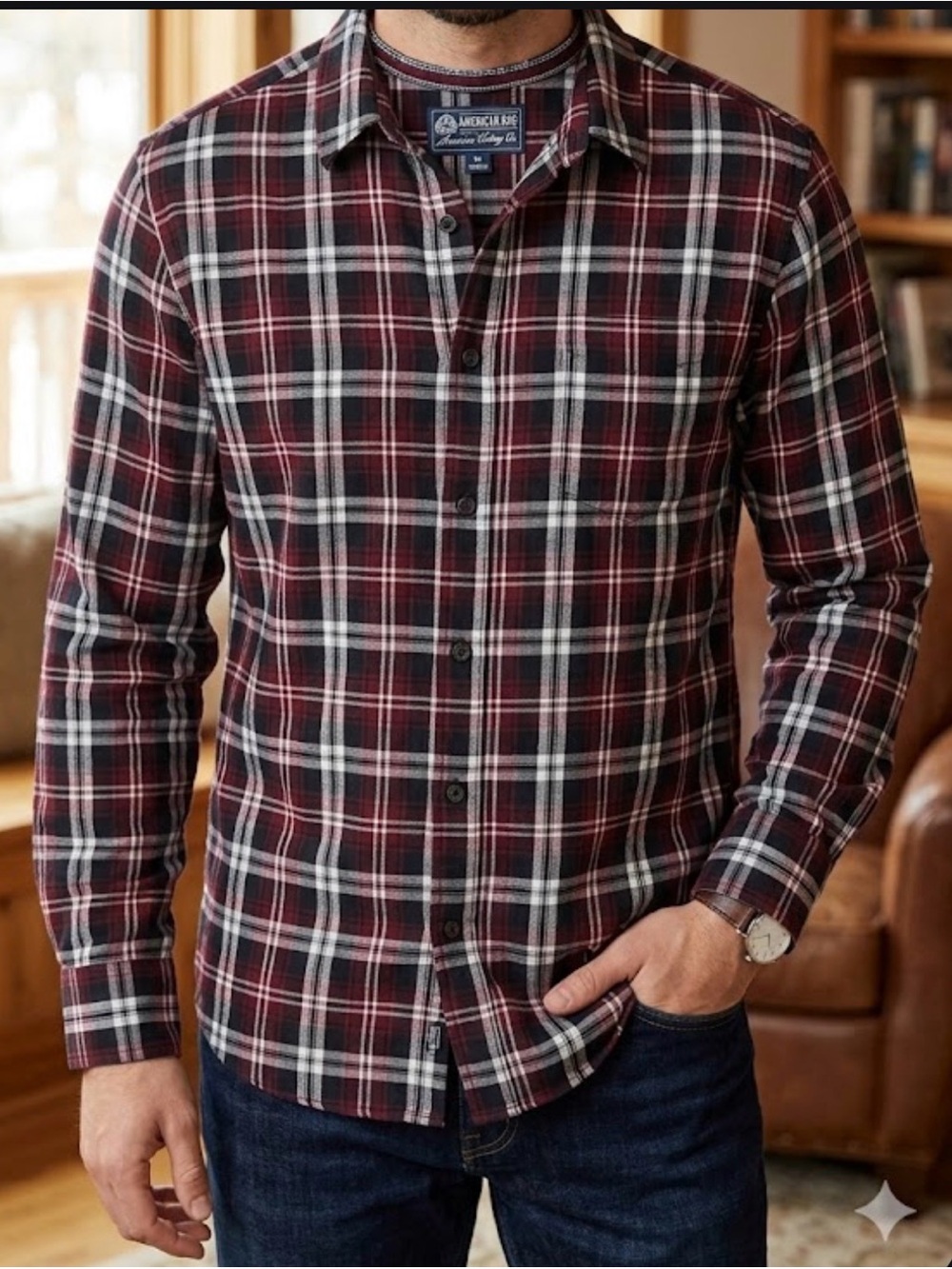 American Rag Men’s Maroon and Black Plaid Button-Down Shirt